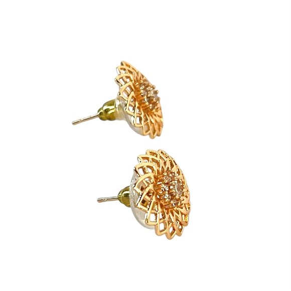 Floral Gold Tone Stud Earrings White Center Stones Modern Stud Minimalist Office - Picture 4 of 5